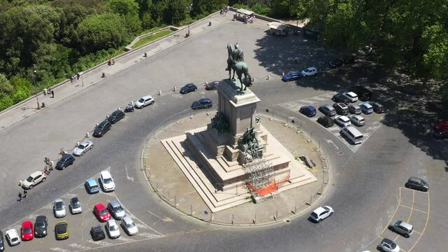 Aerial view of the Janiculan Hill, a hill in western Rome, Italy. The crest of the Janiculum is dominated by equestrian monument to Giuseppe Garibaldi, an Italian patriot. 