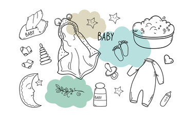 Set of hand drawn baby batching. Cartoon sketch style doodle for icon, banner. 