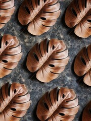Pattern of brown leaves of an exotic plant on a black concrete background. Nature background. Tropical backdrop. Palm leaf.