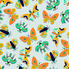 Fototapeta na wymiar Pattern of butterflies and insects on blue background. vector illustration.