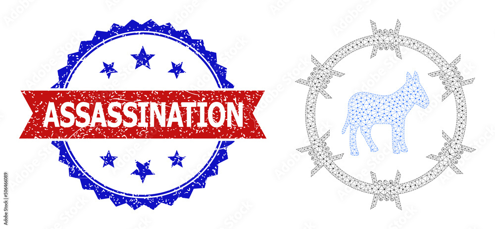 Poster triangular donkey arrest frame icon, and bicolor textured assassination seal stamp. polygonal wirefr