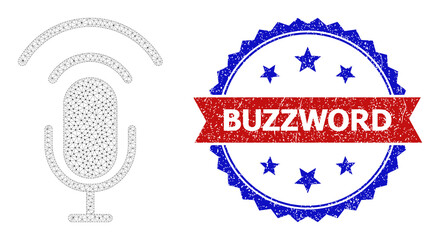 Mesh podcast model illustration, and bicolor dirty Buzzword seal stamp. Mesh wireframe symbol designed with podcast pictogram. Vector imprint with Buzzword tag inside red ribbon and blue rosette,