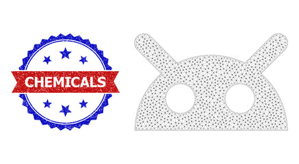 Polygonal robot head framework illustration, and bicolor dirty Chemicals stamp. Mesh carcass illustration designed with robot head pictogram.