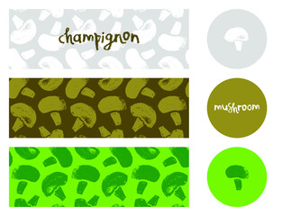 Vector champignon hand-drawn Illustration. Mushrooms pattern seamless. Vegetarian cooking courses banner. Edible fungi wallpapers. Drawings for champignons label design. Mushroom soup ingredients.