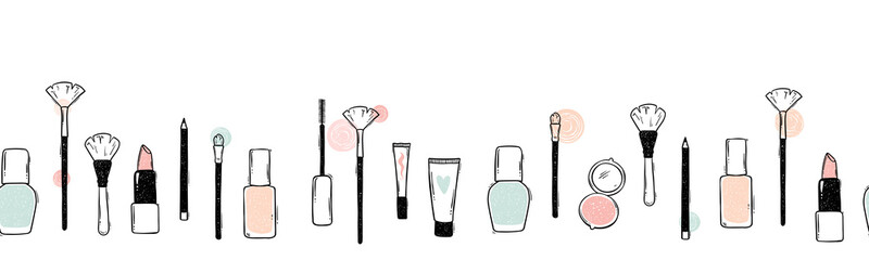 Lovely hand drawn make up seamless pattern, doodle beauty items, great for textiles, banners, wrapping, packaging - vector design