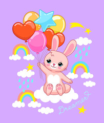 Obraz na płótnie Canvas Bunny with balloons and rainbows in the sky. Vector illustration