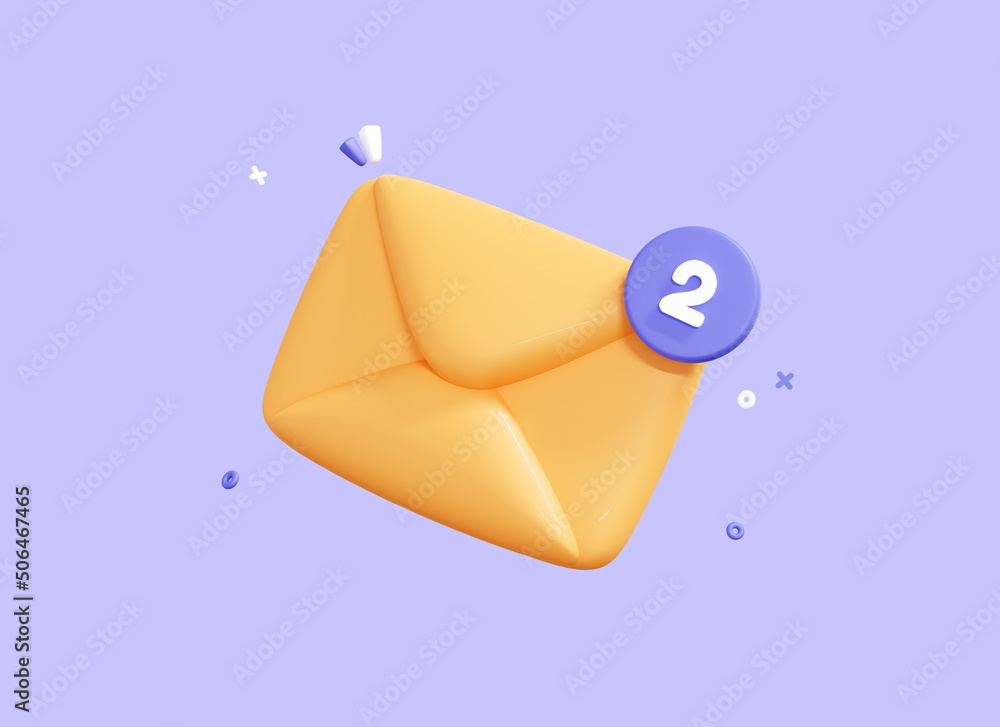 Poster 3d envelope icon with notification. mail envelope with marker message. email newsletter marketing co