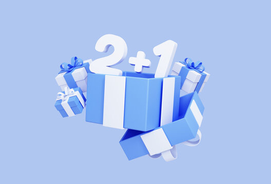 Sale marketing concept with buy 2 get 1 free promotion. Black Friday discount. Special offer take 3 pay 2. Banner template with gift boxes isolated on blue background. 3D Rendering