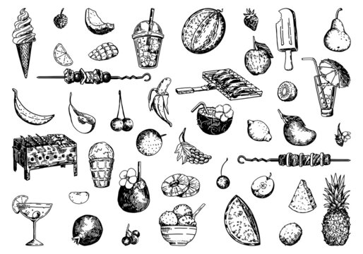 Summer food sketches collection. Drawings set of barbecue, fruits, berries, ice cream, coctails. Hand drawn vector illustrations. Cliparts isolated on white.
