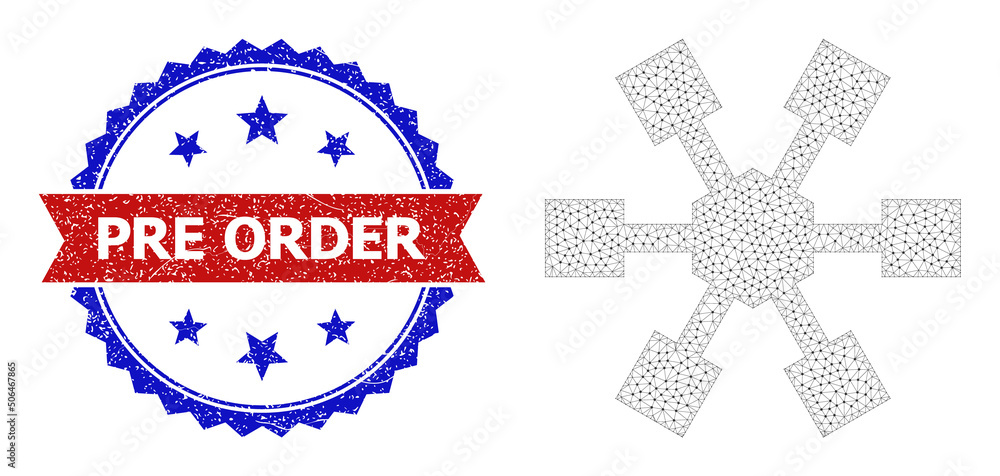 Poster polygonal node links wireframe icon, and bicolor scratched pre order seal. mesh wireframe image desi