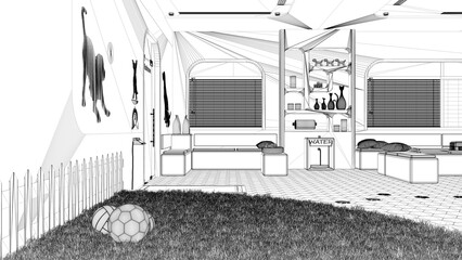 Blueprint project draft, veterinary clinic waiting room. Play garden with grass and toys for pets, sitting area with benches, bookshelf, water cooler, weight scale. Interior design