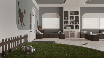 Veterinary clinic waiting room in dark and wooden tones. Play garden with grass and toys for pets, sitting area with benches, bookshelf, water cooler, weight scale. Interior design