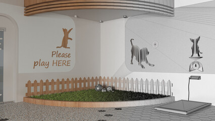 Obraz na płótnie Canvas Architect interior designer concept: hand-drawn draft unfinished project that becomes real, veterinary clinic play garden for dogs and cats, green grass with toys. Relax area for pets