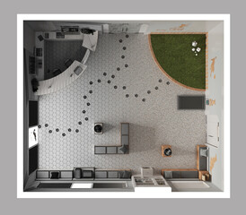 Architect interior designer concept: hand-drawn draft unfinished project that becomes real, veterinary clinic. Waiting room, reception desk, play garden. Top view, plan, above
