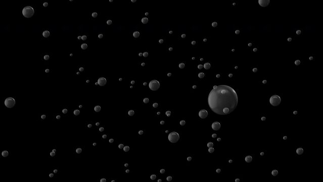 Transparent drops of water move randomly in transparent water in the night gray rays of moonlight. 4K. 3D. Isolated black background. Image for a festive background, computer screensaver.