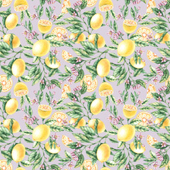 Watercolor pattern with hand-drawn lemons
