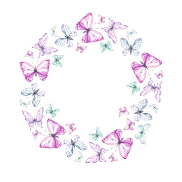 Round wreath of watercolor butterflies