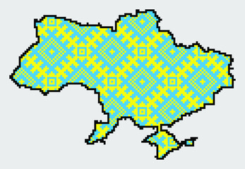 Ukraine map in traditional embroidery pattern colors - blue, yellow, red and black. Pixel art vector illustration. Support Ukraine. Political or geographical design element on grey background