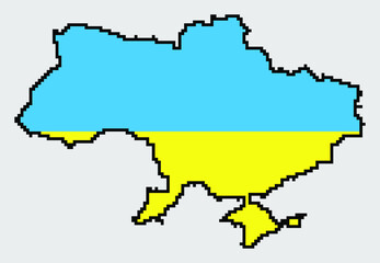 Fototapeta premium Ukraine map in traditional embroidery pattern colors - blue, yellow, red and black. Pixel art vector illustration. Support Ukraine. Political or geographical design element on grey background