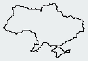 Ukraine map in traditional embroidery pattern colors - blue, yellow, red and black. Pixel art vector illustration. Support Ukraine. Political or geographical design element on grey background