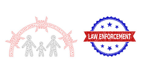 Mesh family jail dome frame icon, and bicolor unclean Law Enforcement seal. Mesh carcass illustration is based on family jail dome icon.