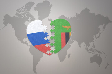 puzzle heart with the national flag of russia and zambia on a world map background. Concept.