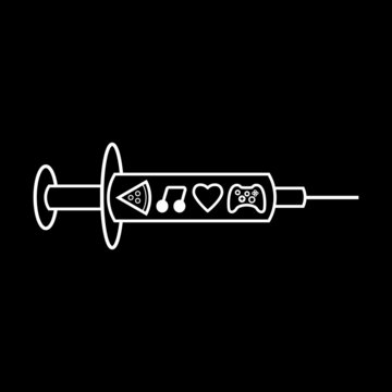 My drugs is pizza, music, sex and games. Icons of pizza, music, heart and  joystick in syringe on black background. Vector illustration.
