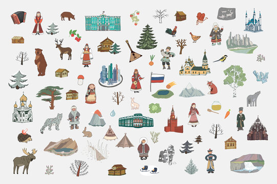 Russia travel destination objects, nature and architecture illustrations set