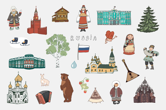 Russia travel destination objects, nature and architecture illustrations set