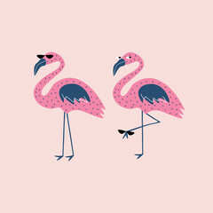 Funny flamingos with black sunglasses hand drawn vector illustration. Isolated cute pink bird in flat style for kids logo or icon.
