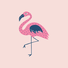 Cute flamingo hand drawn vector illustration. Isolated tropical pink bird in flat style for kids logo or icon.