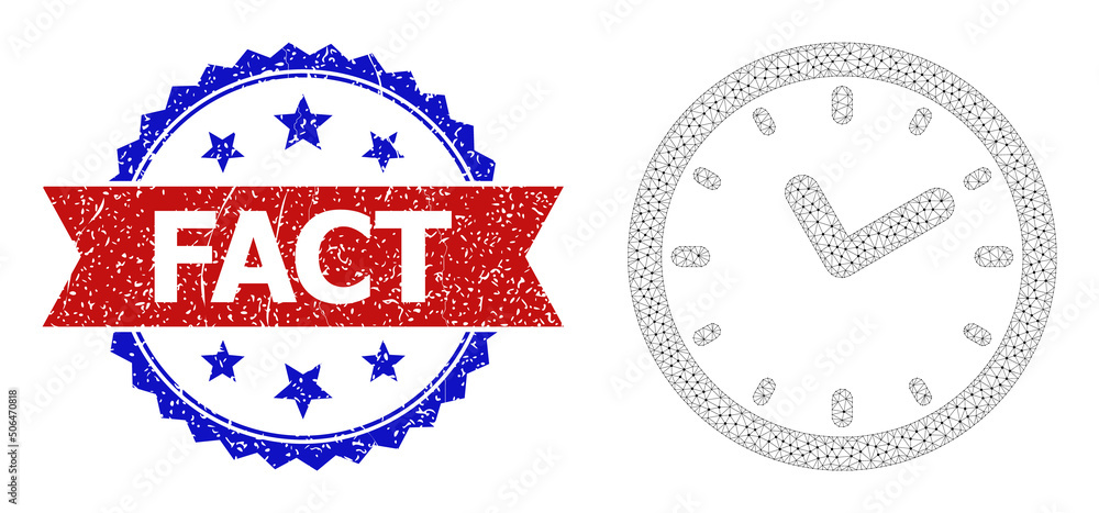 Poster mesh clock model icon, and bicolor rubber fact stamp. mesh wireframe symbol is designed with clock i