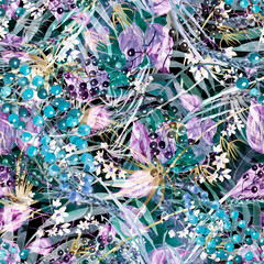 Tropical leaves.Watercolor leaves of a tree, palms, bamboo,
nettle, abstract splash. Watercolor abstract seamless background, pattern, spot, splash of paint, blot, divorce, color.Tropic pattern.grass