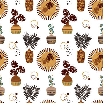 Seamless pattern, tropical palya leaves and flowers in vases and indoor pots, simple style vector illustration