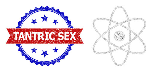 Polygonal atom framework icon, and bicolor dirty Tantric Sex seal stamp. Polygonal carcass symbol is designed with atom icon. Vector seal with Tantric Sex text inside red ribbon and blue rosette,