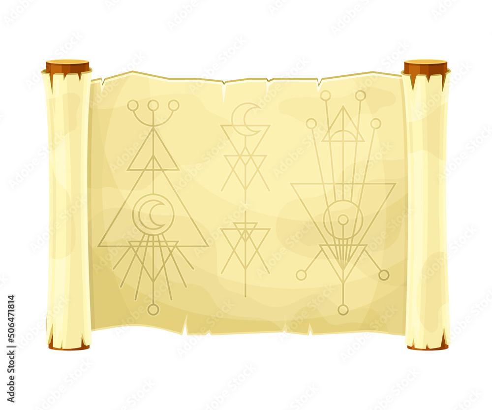 Poster Old Paper Scroll or Manuscript with Spell Symbol as Magical Object and Witchcraft Item Vector Illustration