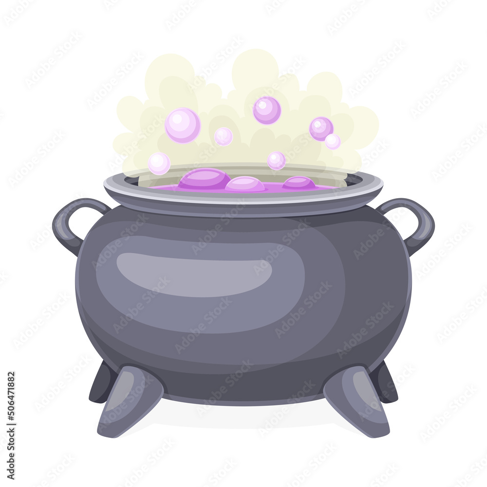 Poster boiling witch cauldron with steaming poison as magical object and witchcraft item vector illustratio