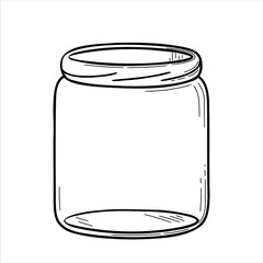 Empty glass jar. Doodle sketch style. Line drawing simple jar. Isolated vector illustration.