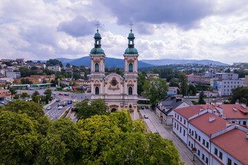 Bielsko-Biala from a drone on a sunny day. Town Hall and the characteristic buildings in the city.