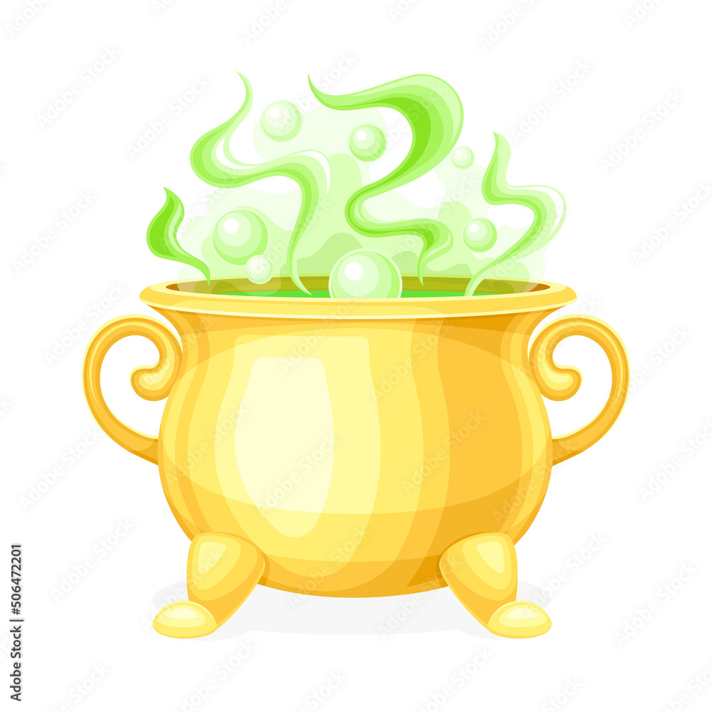 Poster boiling witch yellow cauldron with steaming poison as magical object and witchcraft item vector illu