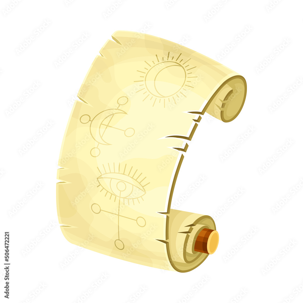 Poster old paper scroll or manuscript with spell symbol as magical object and witchcraft item vector illust