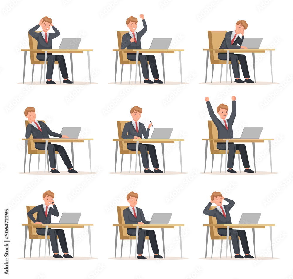 Poster man office worker sitting at desk with laptop engaged in workflow vector set