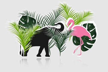 Silhouette flamingo and elephant with tropical plants, monstera and palm trees. Isolated on light background with reflection.