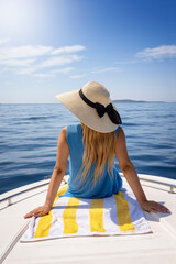 A beautiful woman with a hat sits on a boat and enjoys the calm sea during her summer holidays