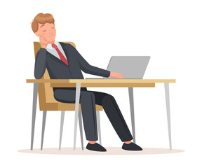 Man Office Worker Sitting at Desk with Laptop Having Nap at Daytime Vector Illustration