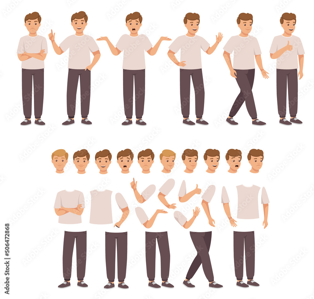 Poster young man character constructor with separated body parts and face with different emotion vector set
