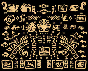 Abstract design with an ancient Mayan ornament. Images of characters of ancient American Indians.
The Aztecs, Mayans, Incas.Ancient signs of America on a black background. 