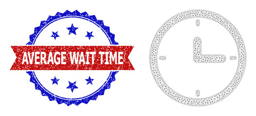 Mesh clock framework icon, and bicolor textured Average Wait Time seal. Mesh carcass symbol designed with clock icon. Vector imprint with Average Wait Time caption inside red ribbon and blue rosette,