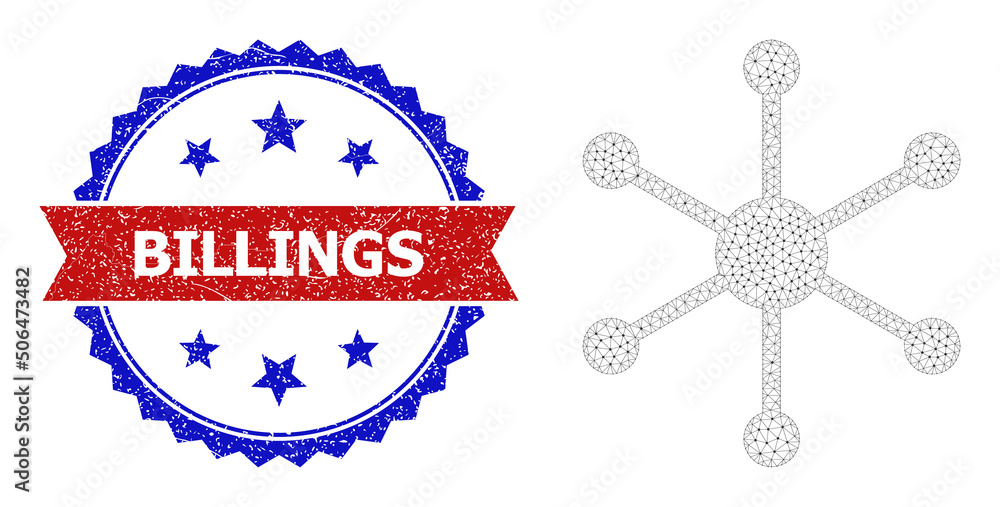 Poster triangular central node carcass icon, and bicolor dirty billings seal stamp. mesh wireframe symbol d