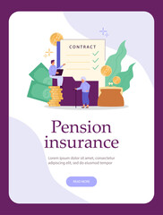 Pension insurance for retired elderly people, web banner template, flat vector illustration.
